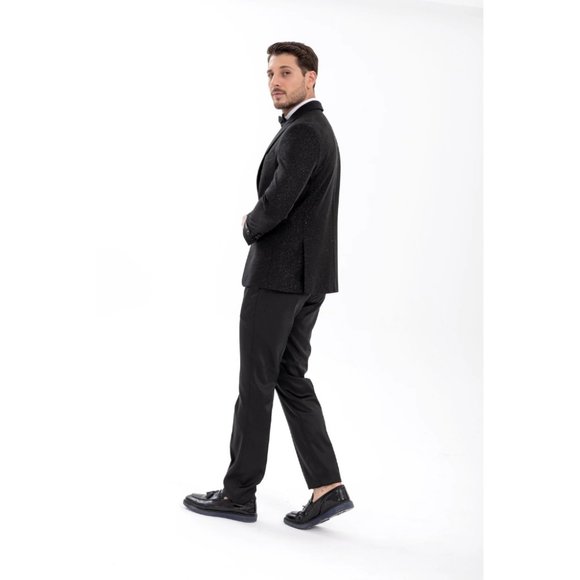 Derman Black Pointed Collar Silvery Classic 2 Piece Tuxedo - Picture 3 of 7